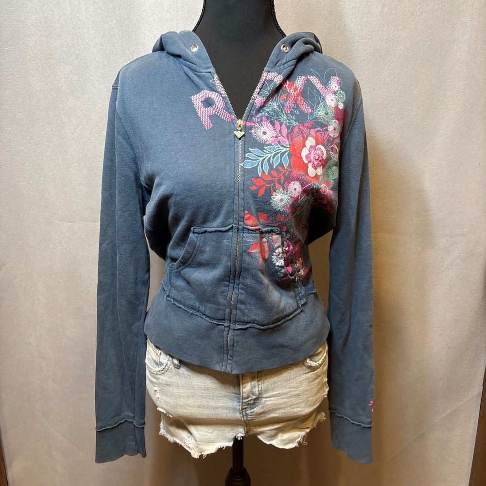 Roxy Womens Blue Floral Logo Zip Up Hoodie Sweatshirt Y2K Surf Size M